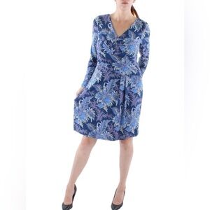 Lauren Ralph Lauren Size 14 Women's Blue Floral Jersey Long-Sleeve Dress NEW!